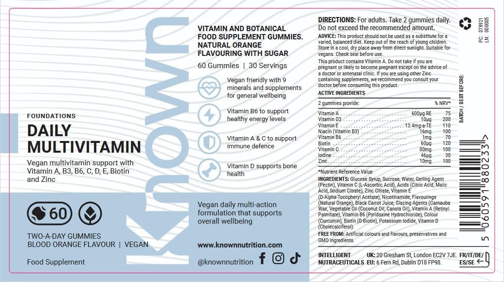 Daily Multivitamin Gummies – Blood Orange Flavour – with Vitamin A, C, D, E, B6, Biotin, Zinc & Iodine 