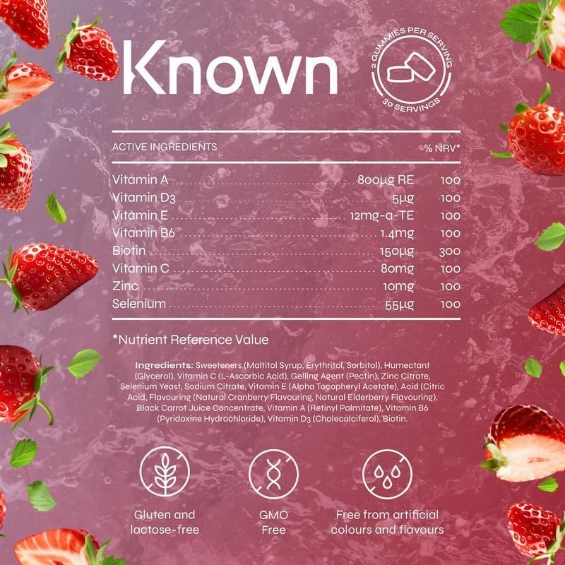Sugar‑Free Hair, Skin & Nails Gummies – Multivitamin – Natural Strawberry Flavour – Vegan Beauty Supplement – 60 Gummies (2‑Month Supply)