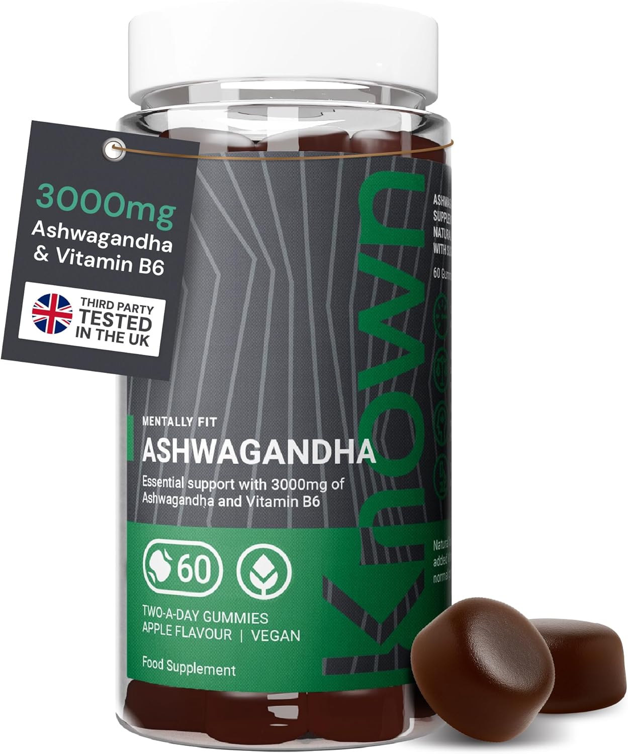 High‑Strength Ashwagandha 3000 mg Gummies – Apple Flavour – With Vitamin B6 – Vegan Stress, Energy & Mood Support – 1 Month Supply