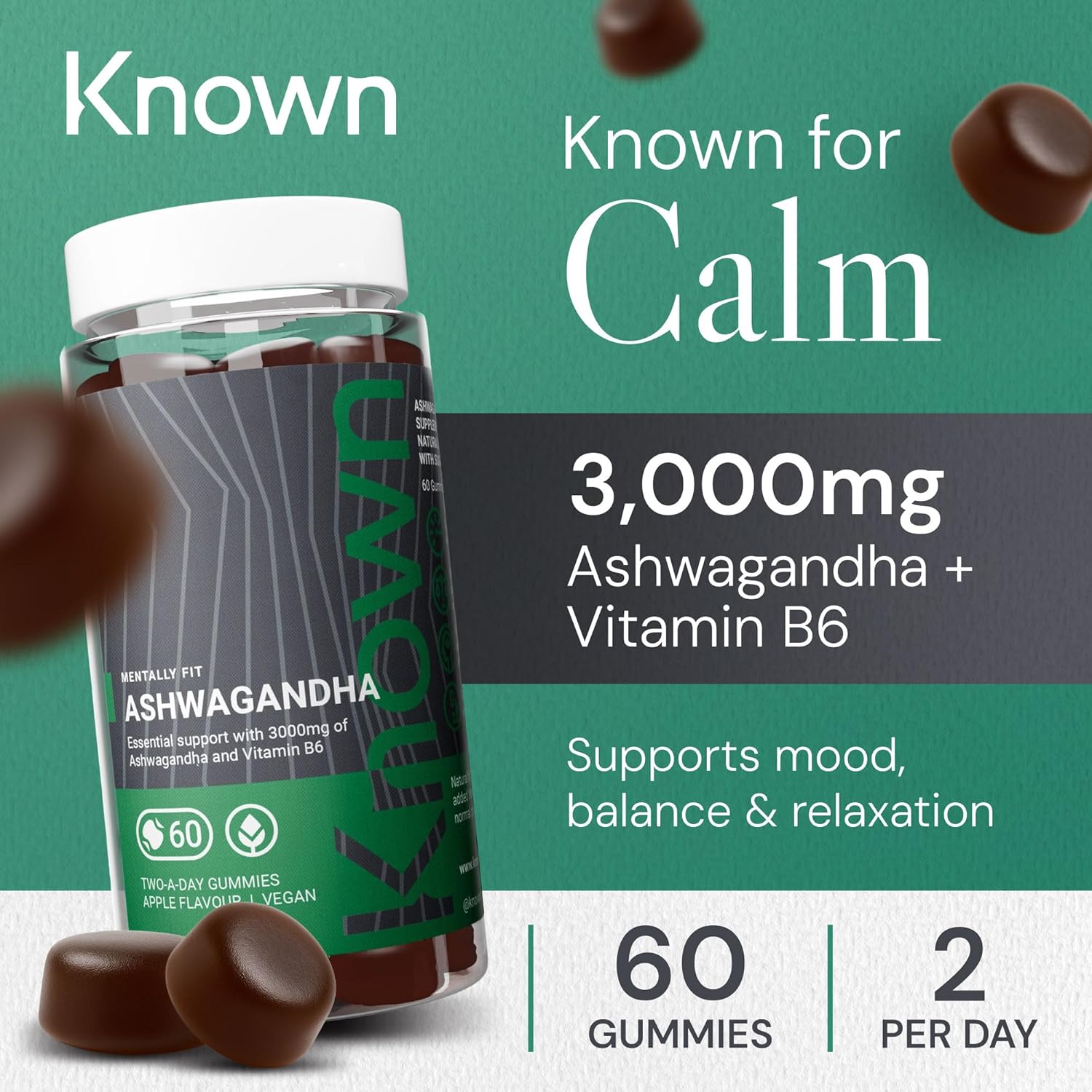 High‑Strength Ashwagandha 3000 mg Gummies – Apple Flavour – With Vitamin B6 – Vegan Stress, Energy & Mood Support – 1 Month Supply