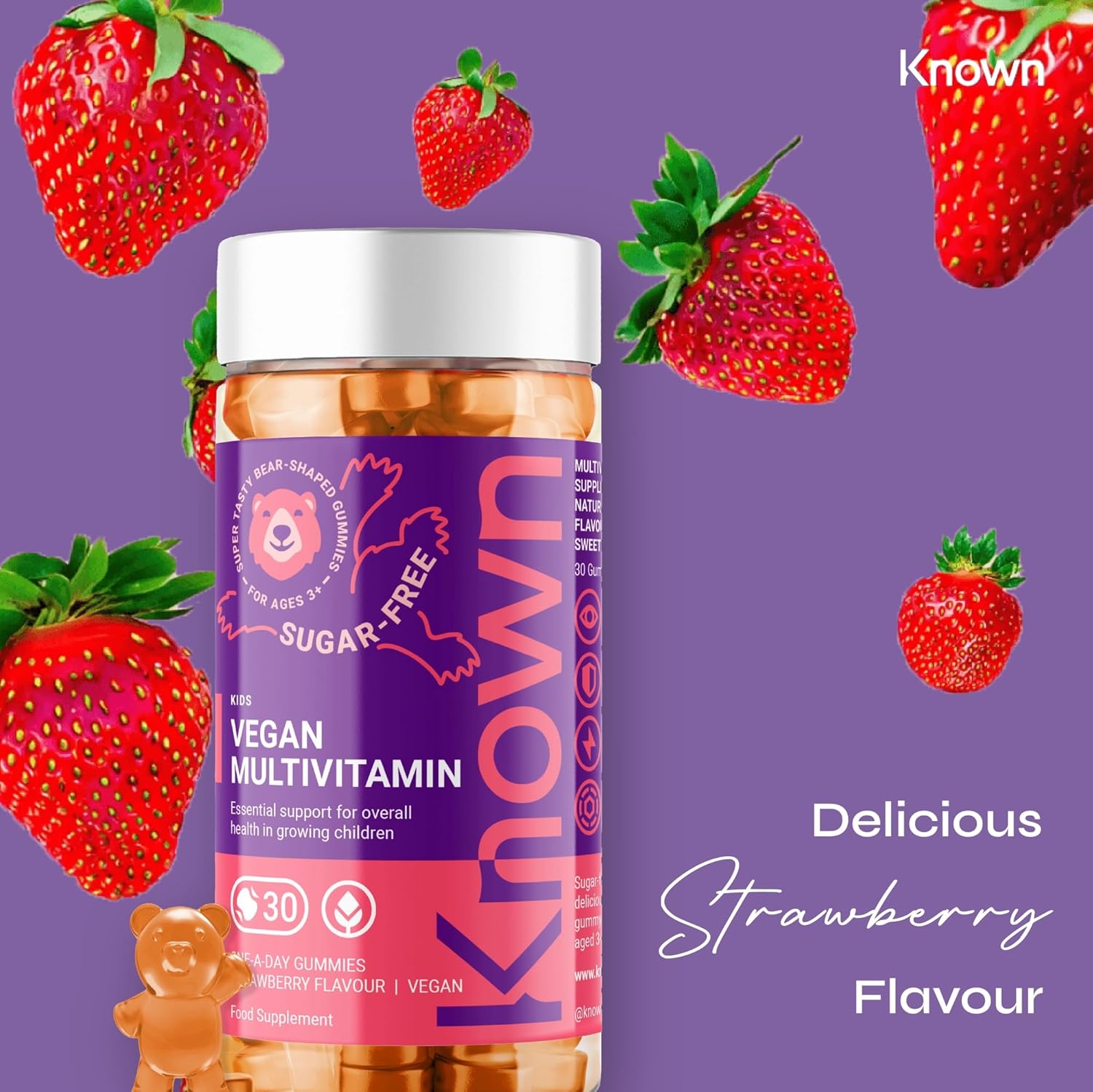 Kids Multivitamin Complex Gummies – Sugar‑Free – Vitamin C & B6 – Immune, Energy & Wellbeing Support – Natural Strawberry Flavour – Vegan