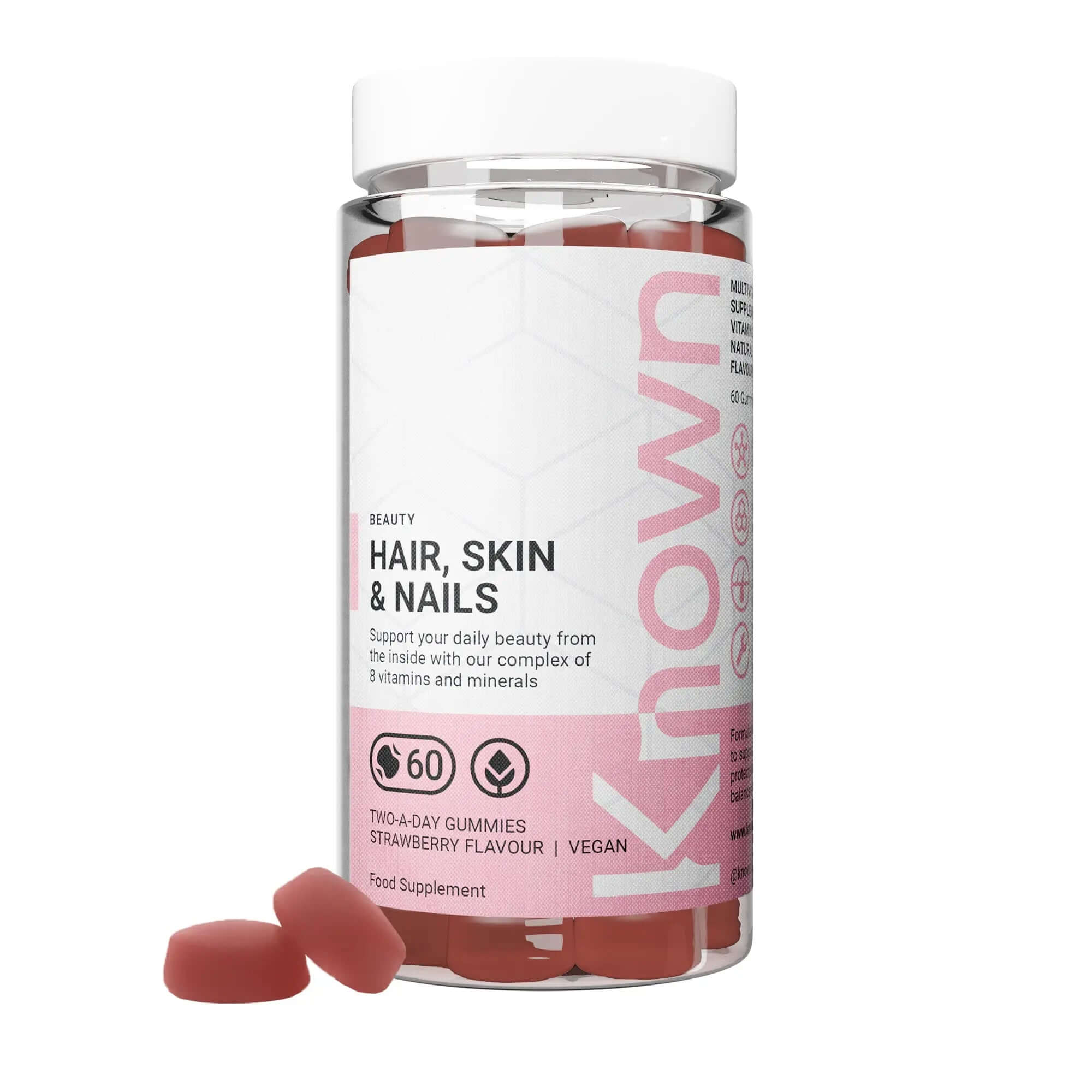 Hair, Skin & Nails Vitamin Gummies – Natural Strawberry Flavour – Botanical Extract – Vegan Beauty Supplement – Biotin, Vitamins A, C, D, E - 60 Gummies (Two‑a‑Day, 1 Month Supply)